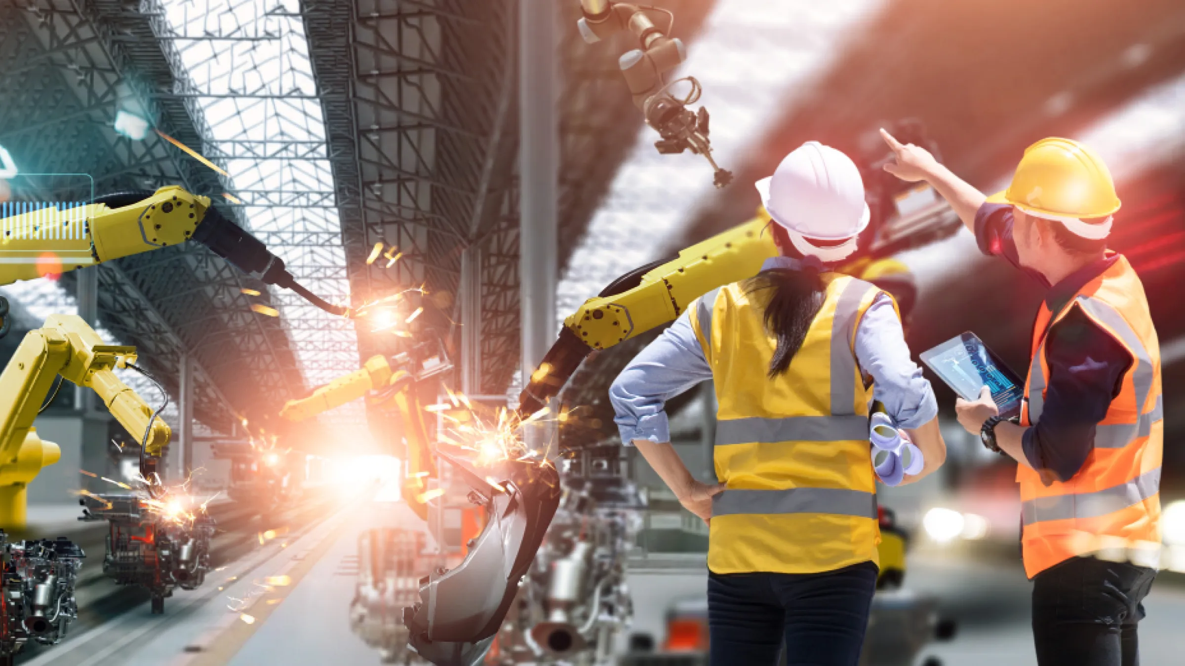 Woman and Man looking at Manufacturing equipment 
